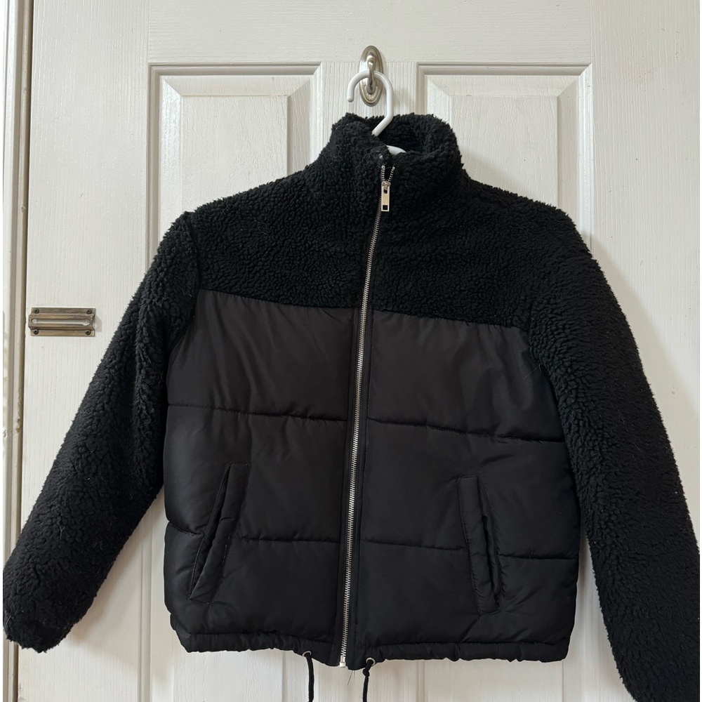 Women’s black puffer, teddy bear, jacket combo, size small